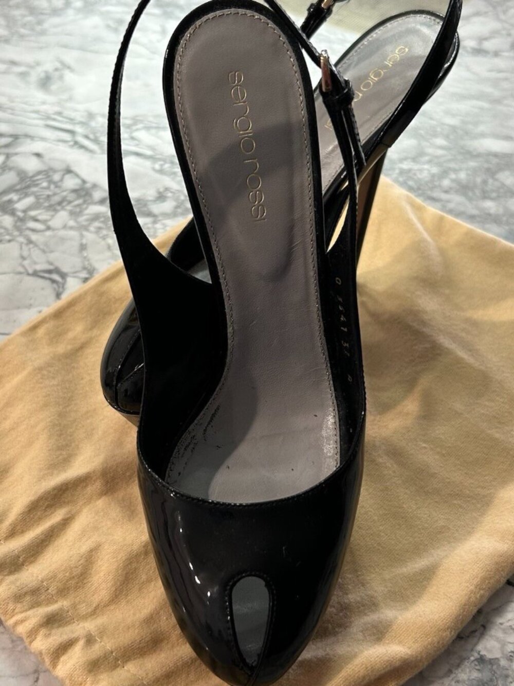 SERGIO ROSSI Black Patent Leather Platform Slingback Sandals Almond Peep Toe - Picture 8 of 8